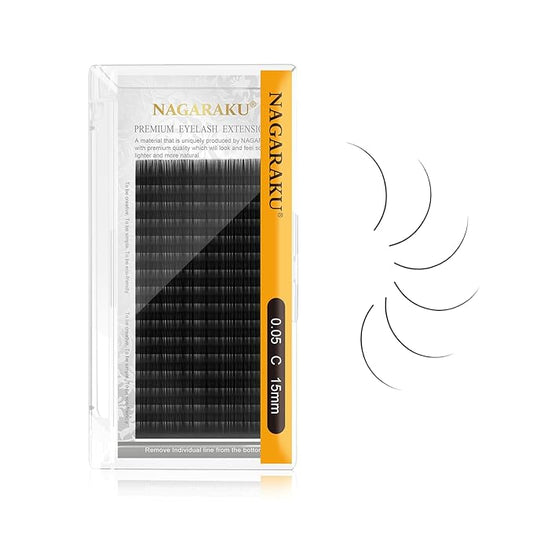 NAGARAKU Eyelash Extensions Individual Lashes 0.05mm C curl 15mm Classic Super Matte Black Soft Natural Faux Mink 16 rows Stable curl