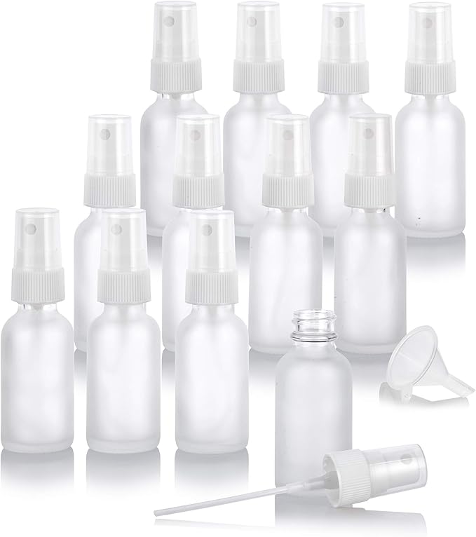 JUVITUS 2 oz Frosted Clear Glass Boston Round Bottle with White Fine Mist Spray (12 Pack)