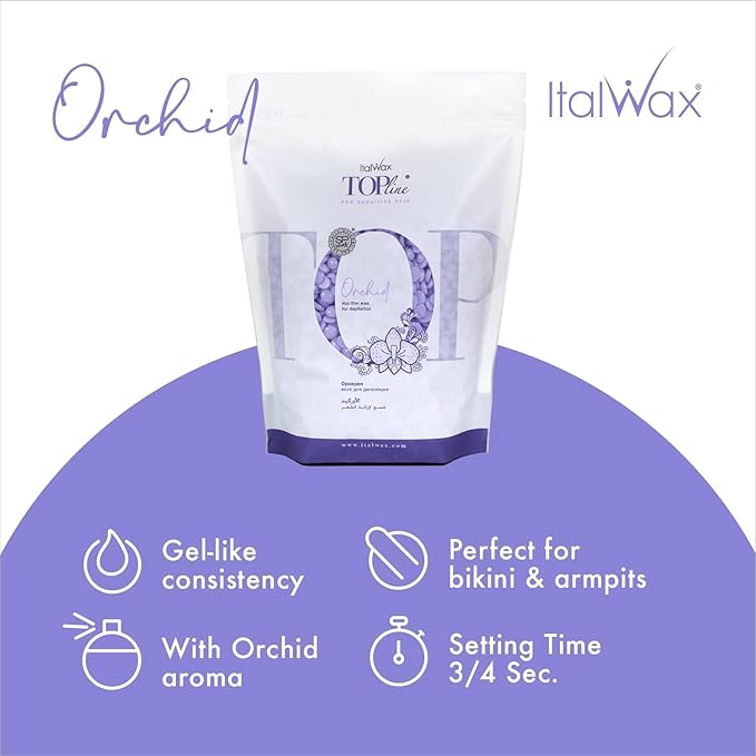 Italwax Top Line Orchid - 750g / 1.65lb - Hard wax beads for hair removal - Orchid fragrance - Synthetic formulation ideal for sensitive skins - Recommended for Bikini Area and Armpits