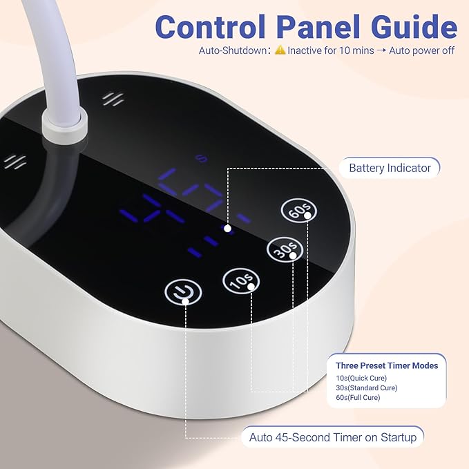 Smart Sensing UV Nail Lamp-Equipped with LED Dual Light Sources(365+405nm) for 10-Second Rapid Curing.Features Three Timing Settings,Rechargeable,and a 360-degree Adjustable Neck.