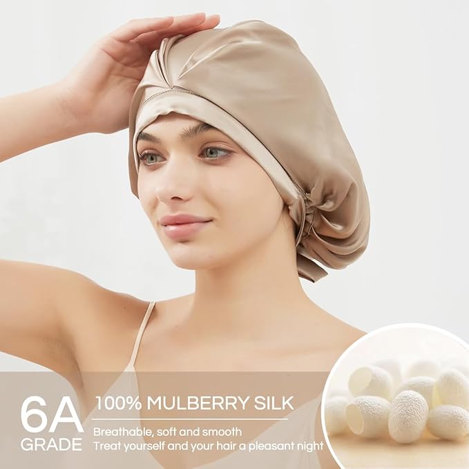 RachelSilk 100% Mulberry Silk Sleep Cap, Grade 6A 19 Momme Silk for Women Hair Care, Silk Night Bonnet with Elastic Stay On Head, Silk Cap After Shower, for Small -Medium Head Size (Taupe)
