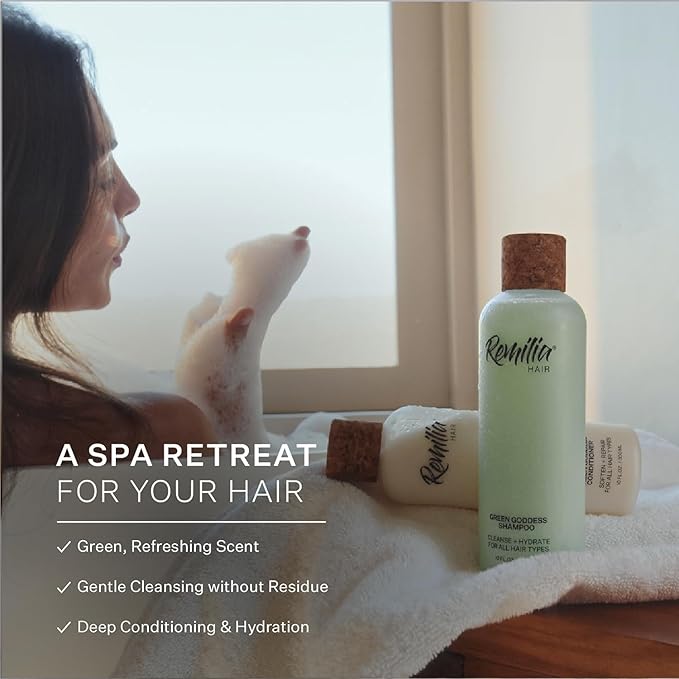 REMILIA Green Goddess Vegan Rosemary Shampoo and Conditioner Set for Dry, Damaged Hair w/Avocado Oil, Coconut Oil, Green Tea Extract