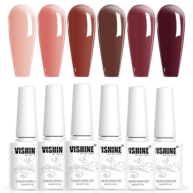 Vishine Jelly Gel Nail Polish Fall Winter Crystal Transparent Gel Polish Set Translucent Sheer Clear Dusty Rose, Red Burgundy, Skin Nude Gel Polish 6 Colors Gift Collection Manicure Kit 8ml