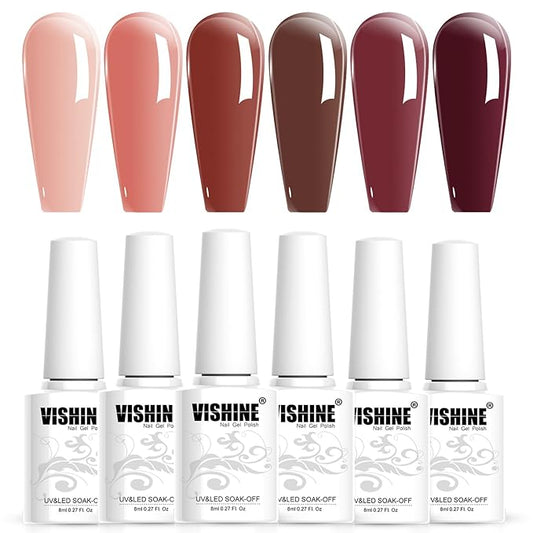 Vishine Jelly Gel Nail Polish Fall Winter Crystal Transparent Gel Polish Set Translucent Sheer Clear Dusty Rose, Red Burgundy, Skin Nude Gel Polish 6 Colors Gift Collection Manicure Kit 8ml