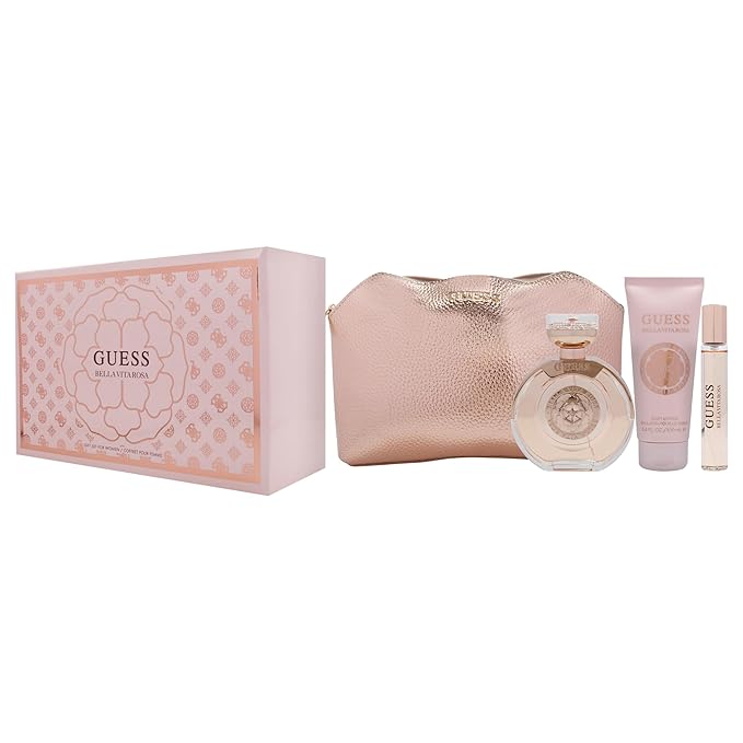 Guess Bella Vita Rosa for Women - 4 Pc Gift Set 3.4oz EDT Spray, 0.5oz EDT Travel spray, 3.4oz Body Lotion, Pouch