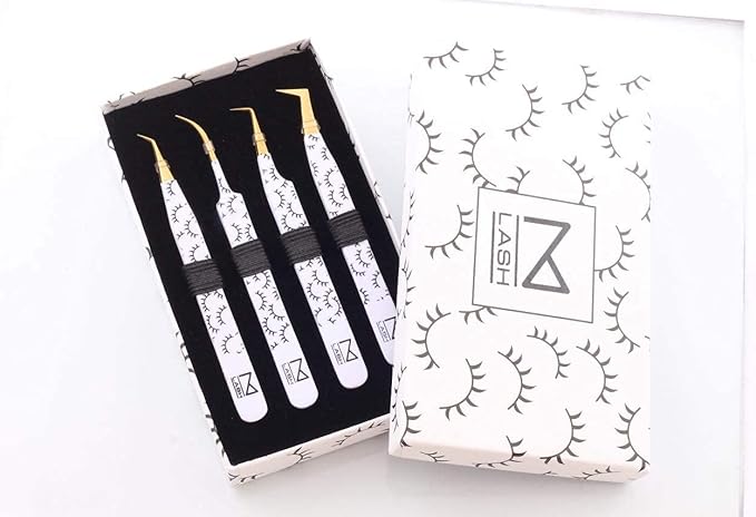 M LASH Tweezers for Eyelash Extensions (Set of 4) - Professional Lash Extension Tweezers - Fiber Tip, Japanese Steel, Diamond Grip Eyelash Extension Tweezer (WL)