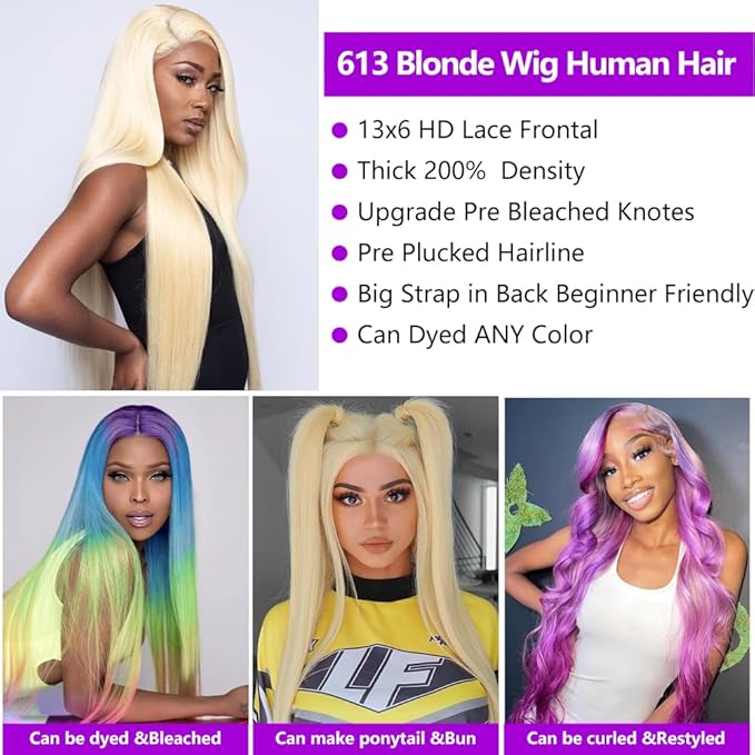 Blonde Wig Human Hair 28Inch 613 13x6 Lace Front Wig Human Hair Straight HD Transparent Lace Frontal Wigs 200% Density for Women Pre Plucked With Baby Hair