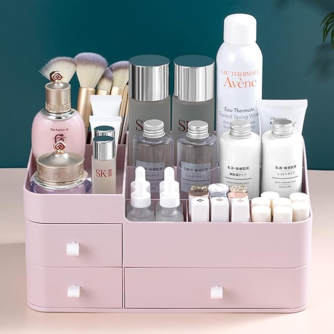skin care organizer,Makeup Desk Organizer With Drawers,Countertop Organizer for Cosmetics,Vanity brush with Holder for Lipstick, Brushes, Eyeshadow, and Desktop Finishing Dresser (A-Large-pink)