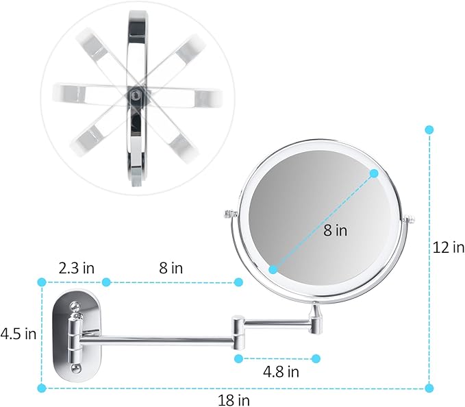 8" Wall Mounted Lighted Makeup Mirror, 1X/10X LED Lighted Magnifying Mirror with 3 Colors, 360° Rotation Double Sided Extension Foldable Arm Rechargeable Makeup Mirror, Touch Dimming