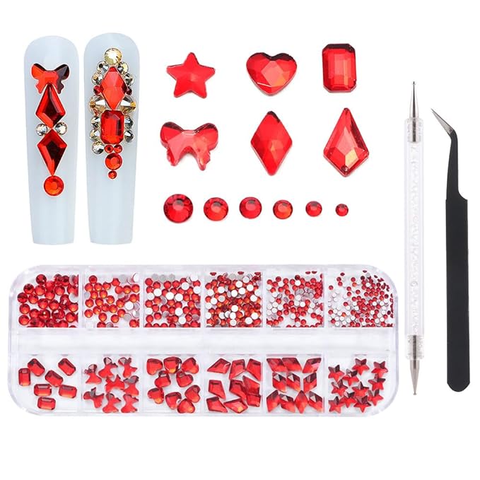1000Pcs 12Gird Box Multi Size AB/Colorful Irregular Rhinestones Flatback Crystal Diamond Gems, with Pick Up Tweezers and Picker Dotting Pen for Nails, Makeup