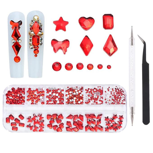 1000Pcs 12Gird Box Multi Size AB/Colorful Irregular Rhinestones Flatback Crystal Diamond Gems, with Pick Up Tweezers and Picker Dotting Pen for Nails, Makeup