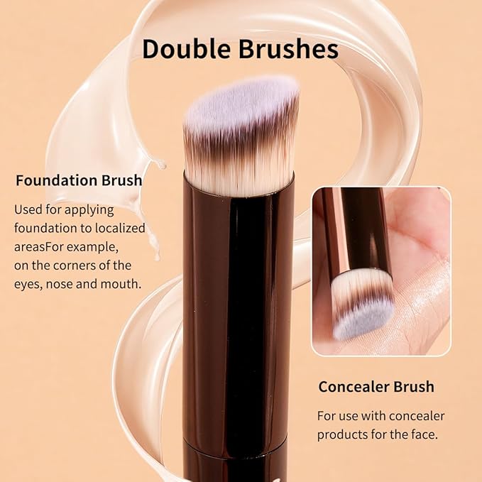 MAANGE 10 Pcs Makeup Brush Set Double-ended Kabuki Brush Travel Makeup Brushes for Foundation Powder Concealers Eye Shadows Makeup Tools Set with LED Light Mirror (Coffee Brown)