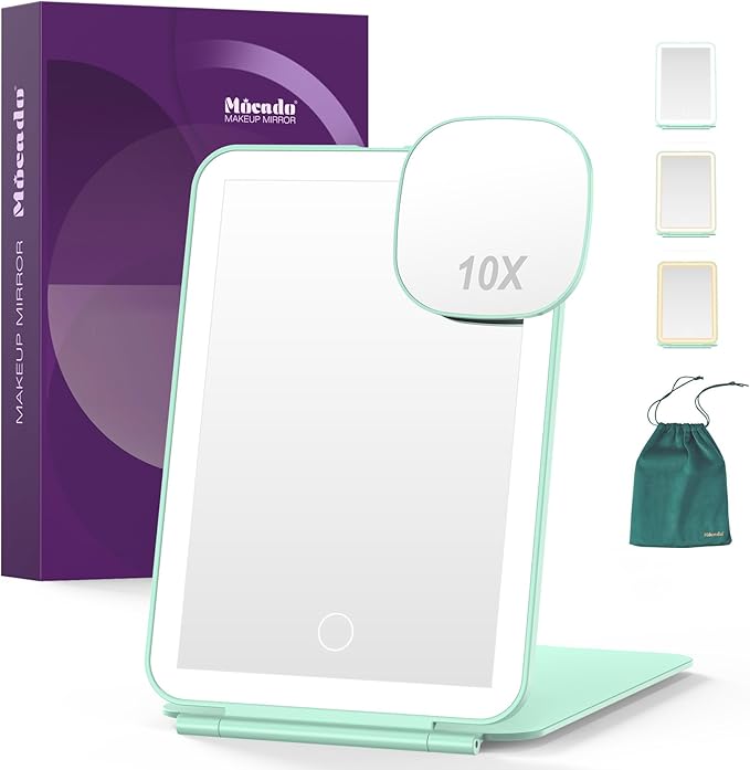 LED Foldable Travel Makeup Mirror - 5x7 inches3 Colors Light Modes USB Rechargeable Touch Screen, Portable Tabletop Cosmetic Mirror for Travel, Cosmetic, Office (Green)