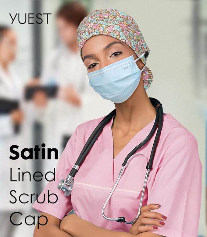 6 Pcs Scrub Caps Women Satin Lined Scrub Caps Women Ponytail Surgical Caps for Women Scrub Hats Women Ponytail Pouch Tie Back, Badge Holder 1 Pcs