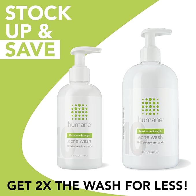 humane Benzoyl Peroxide Acne Body Wash - 10% Maximum-Strength Acne Treatment for Face, Skin, Butt, Back and Body - 16 Fl Oz - Dermatologist-Tested Non-Foaming Cleanser - Vegan, Cruelty-Free