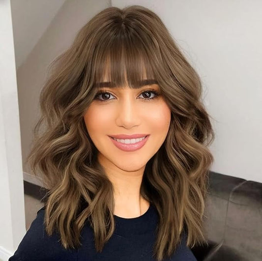 AISI HAIR Synthetic Wavy Curly Bob Wig with Bangs Brown mix Caramel Blonde Short Hair for Women Synthetic Heat Resistant Bob Wigs