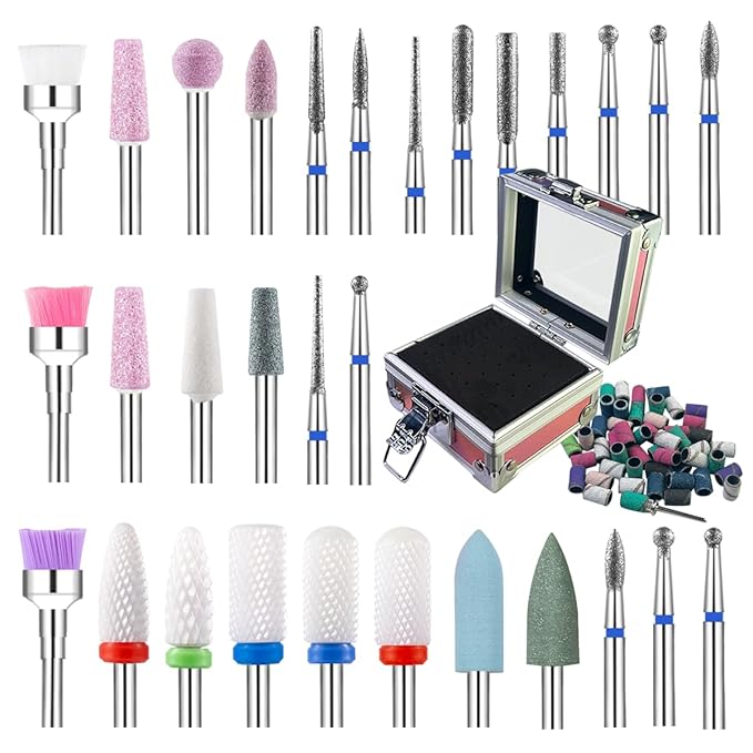 30 Pcs Nail Drill Bits Set with Stylish Nail Drill Bit Holder and Sanding Bands for Nail Drill,Professional Diamond Ceramic Nail Drill Bit for Electric Nail Drill Machines with 2/32" Interface
