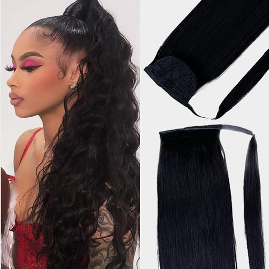 Ponytail Extension Human Hair Ponytail Pony Hair Pieces Clip in Wrap Around Pony Remy Hair Extensions for Women 22 Inch 80G #Natural Black