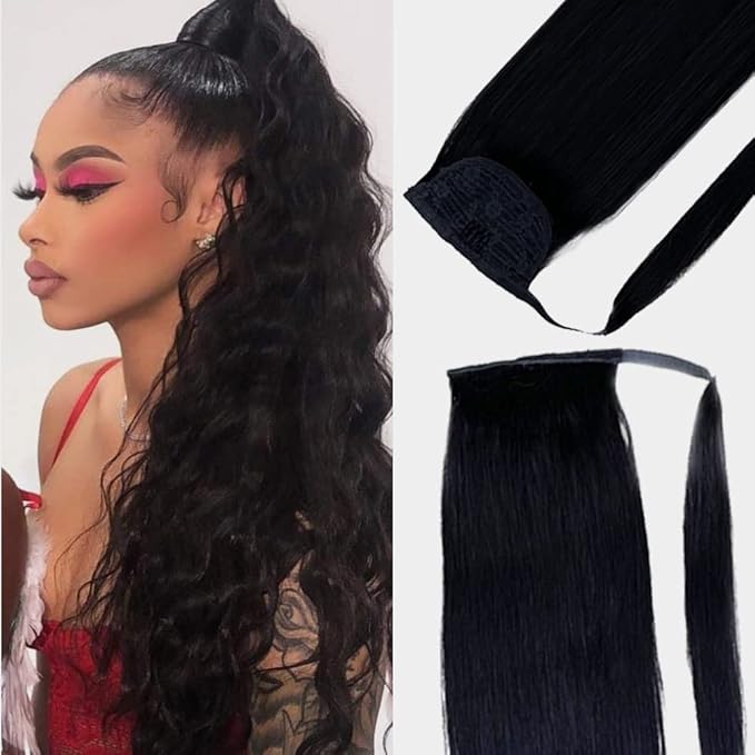 Ponytail Extension Human Hair Ponytail Pony Hair Pieces Clip in Wrap Around Pony Remy Hair Extensions for Women 20 Inch 80G #Natural Black