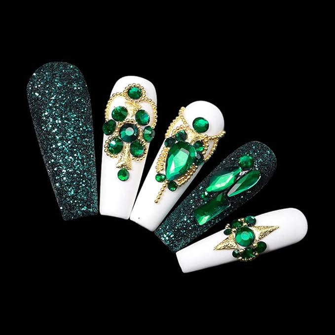 3100Pcs Nail Crystal Rhinestones Kit, Mix Shapes AB Glass, 3D Diamonds Flatback Crystals, with a Drill Pen, Nail Crystal Non Hotfix, Nail Art Decoration (Green)