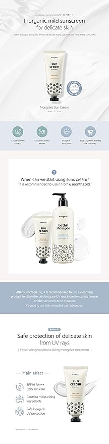 Mongdies Baby Sun Cream SPF30 PA+++ -100% SAFE Moist and Gentle Non-Sticky No White Cast Light-Weight Inorganic Sunscreen, EWG Green, Plant-derived extracts and plenty of deep ocean water- 60ml