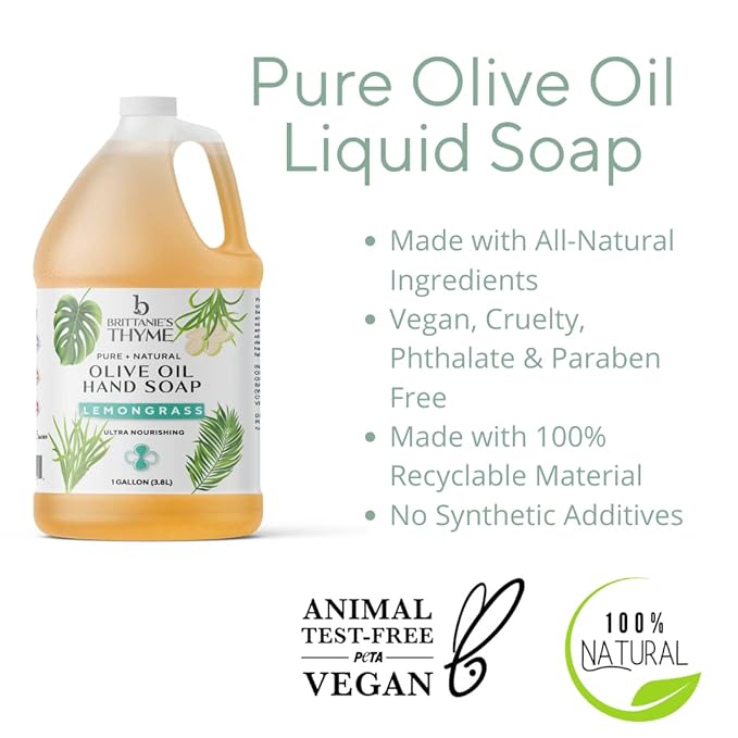 Brittanie's Pure Organic Castile Liquid Olive Oil Soap Refill, Lemongrass, 1 Gallon | Face, Body Wash, Dishes, Pets & Laundry | Vegan & Gluten Free Non-GMO