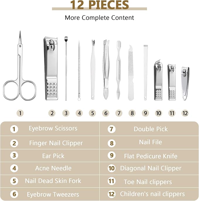 Geosar 12 Sets Manicure Set Nail Clippers Set Pedicure Kit 12 in 1 Stainless Steel Professional Grooming Kits Nail Care Tools with Travel Case for Men Women(Modern Style)