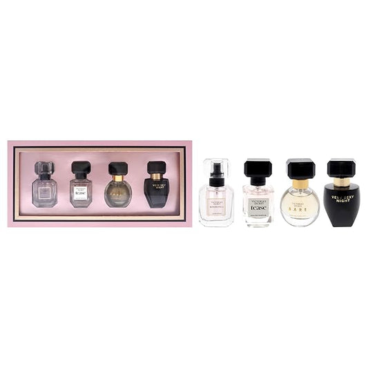 Victoria's Secret Fragrance Discovery Set for Women - 4 Pc Mini Gift Set with Bombshell, Tease, Bare, and Very Sexy Night EDP Sprays (0.25oz Each)