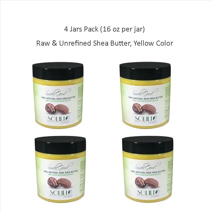 Pure Unrefined Shea Butter, totally natural and organic, yellow color, packed in 16 oz Jar, 4 Units