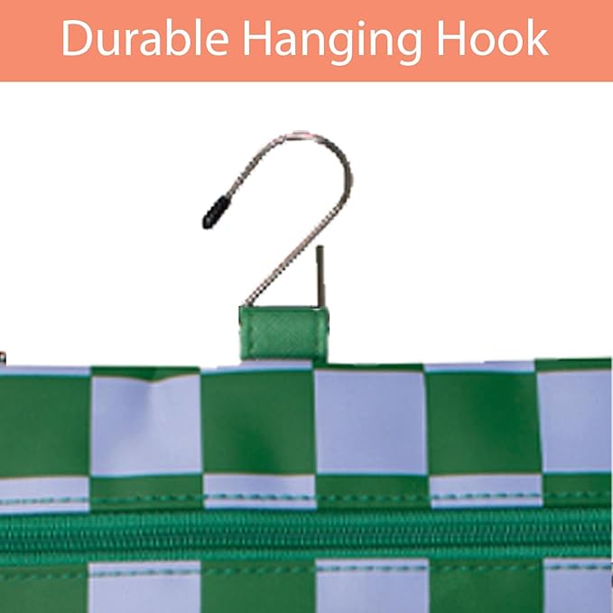 Green Gambit Checkered Hanging Travel Bag, Toiletry Bag, Makeup Bag for Women, Portable Water-resistant Small Travel Bag for Toiletries & Cosmetic Essentials