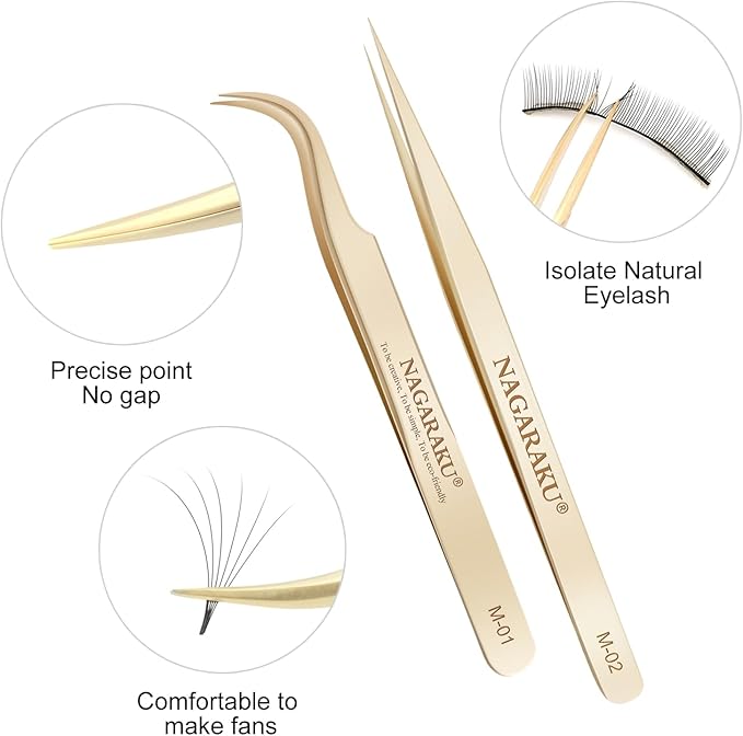NAGARAKU Tweezers for Eyelash Extensions Straight and Curved Precision Professional Volume Easy Fanning lash Precise Point 1 Pair Tweezers for Lash(M-01 and M-02)