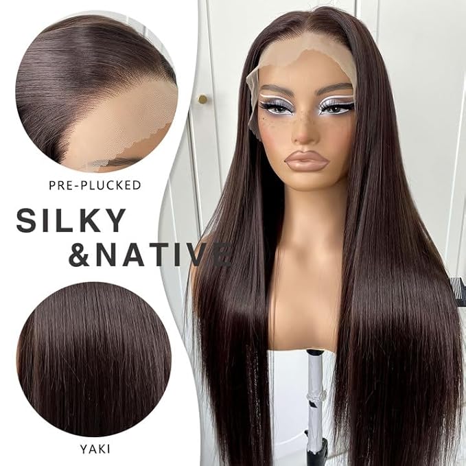 13x6 Straight Lace Front Wigs Pre-Plucked Glueless Brown HD Lace Front Wig Synthetic Chocolate Wear And Go Lace Front Wig 32inch