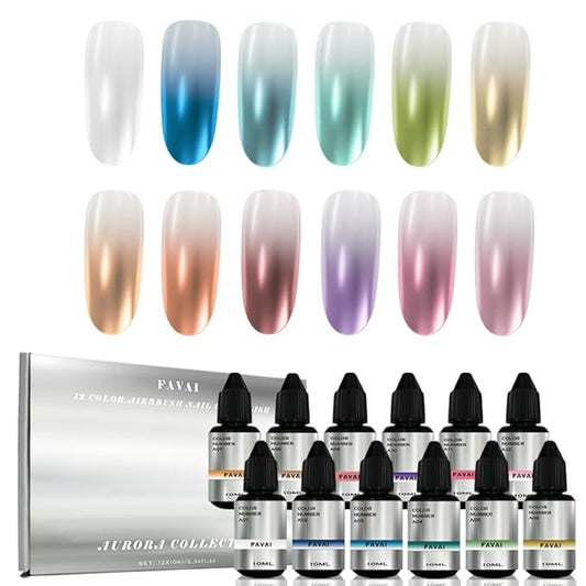 FAVAI Aurora Collection(#A) 12 Colors Airbrush Gel Nail Polish Air Gel Set, 12 Luxurious Metallic Shades for Iridescent, Northern Lights-Inspired Nail Art 12 * 10ml
