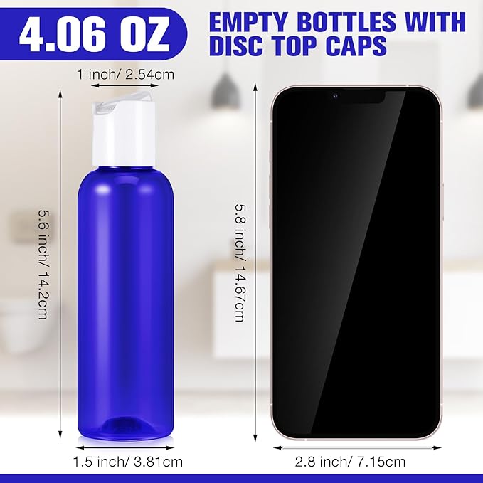 50 Pcs 4oz Empty Plastic Travel Bottles with Disc Top Flip Cap Small Travel Size Bottles Blue Refillable Empty Containers for Shampoo Lotion Liquid Body Soap Cream Toiletries