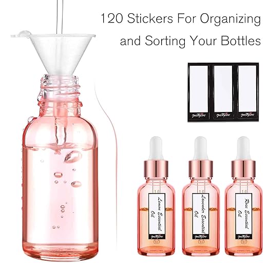 PrettyCare 2 oz Tincture Bottles with Dropper (63 Pack Rose Glass Eye Dropper Bottle 60 ml with Measured Pipettes, Golden Caps, Labels, Funnels & Plastic Pipettes) for Essential Oils