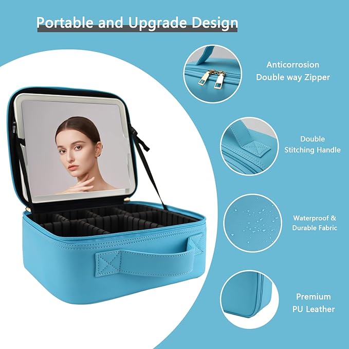 Travel Makeup Bag with LED Lighted Mirror,Cosmetics Organizer, Makeup Bag with 3 Color Lighted Setting, Portable Storage and Adjustable Dividers Travel Makeup Bag(blue)