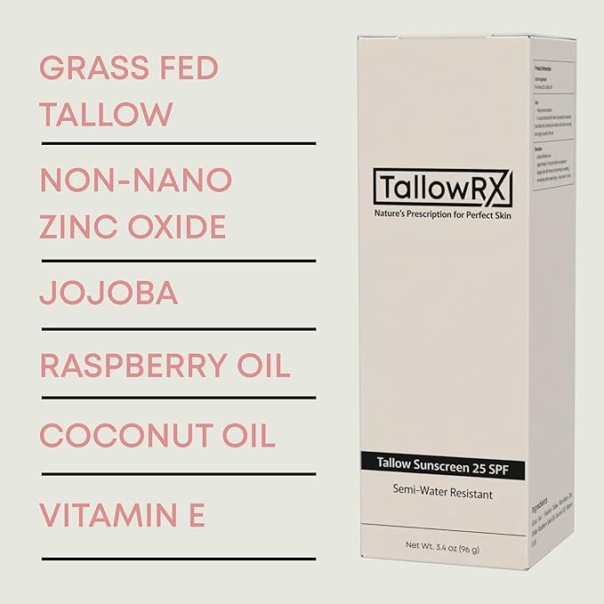 Tallow Sunscreen SPF 25 with Non Nano Zinc Oxide – Natural Mineral Sun Protection with Red Raspberry, Coconut Oil & Vit E – Reef Safe, Non Toxic & Moisturizing Sunblock for Face & Body – 3.4 oz