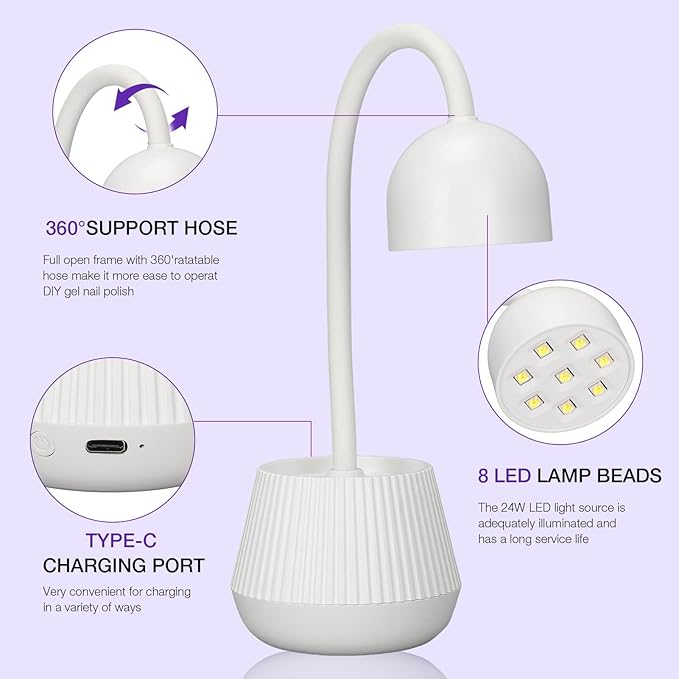 Nail Drying Lamp, 24W Nail Polish Curing Lamp, 365nm 405nm 360 Degree Rotatable USB Charging Nail Gel Dryer for Salon or Home Use