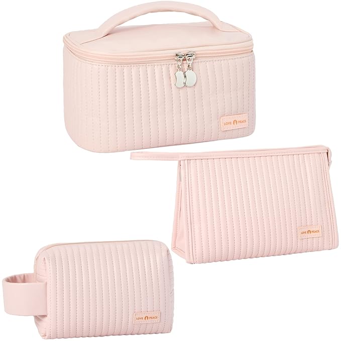 MIRASON Makeup Bag Set of 3 Cute Cosmetic Travel Toiletry Bag Organizer Pouch Set for Women PU Leather Waterproof Toiletry Bag 3 Piece Set, Light Pink