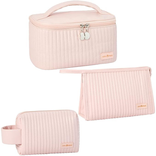 MIRASON Makeup Bag Set of 3 Cute Cosmetic Travel Toiletry Bag Organizer Pouch Set for Women PU Leather Waterproof Toiletry Bag 3 Piece Set, Light Pink