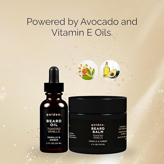 Golden Grooming Beard Oil & Balm Bundle for Men | Natural Growth Kit with Shea Butter | 4oz Balm & 2oz Oil | Toasted Vanilla