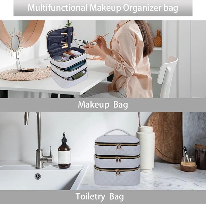 Large Makeup Bag 3 Layers with Handle Travel Makeup Bag Organizer Toiletry Accessories Bottles, Brushes, and Skin Care Products (Beige)