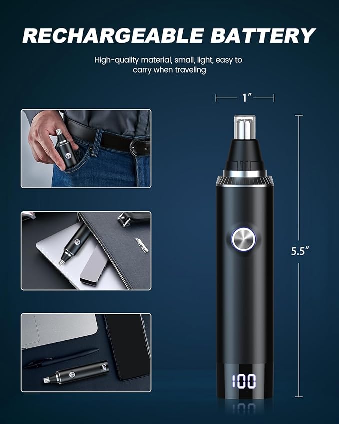 Ear & Nose Hair Trimmer with LED Display for Men Women,Painless USB Rechargeable Eyebrow & Facial & Nose Hair Trimmer Clipper,Professional IPX7 Waterproof Dual Edge Blades 12500 RPM (Black)