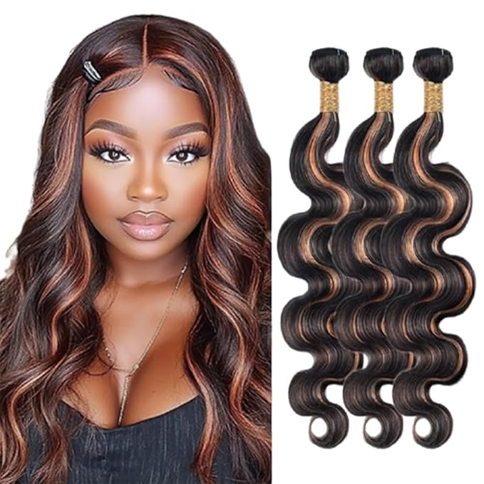 Brown With Highlight P1B30 Body Wave Bundles Human Hair 1B and Light Brown Body Wave Human Hair Bundles two tone Brazilian Soft and Silky for Women 16 18 20 Inch