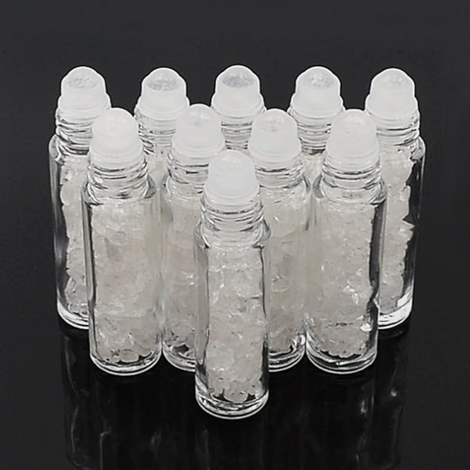 Essential Oil Roller Bottle 10ml w EVA Carrying Travel Case（Clear Glass Bottle with silver Cap、10pack、Gemstone Roller Balls、Crystal Chips Inside、Opener Gemstone Roller Ball Bottles