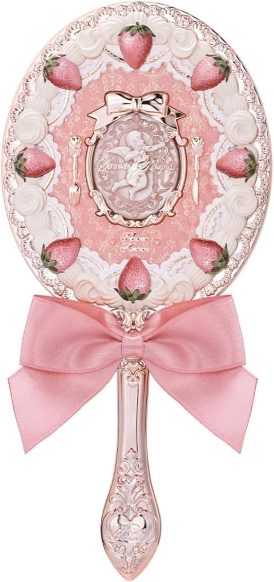 Flower Knows Strawberry Cupid Hand Mirror,Portable Vintage Handheld Mirror,Durable Metal Mirror,Cute & Aesthetic Princess Mirror,with Long Handle for Easy Holding,Gift for Girls(Milk Pink)