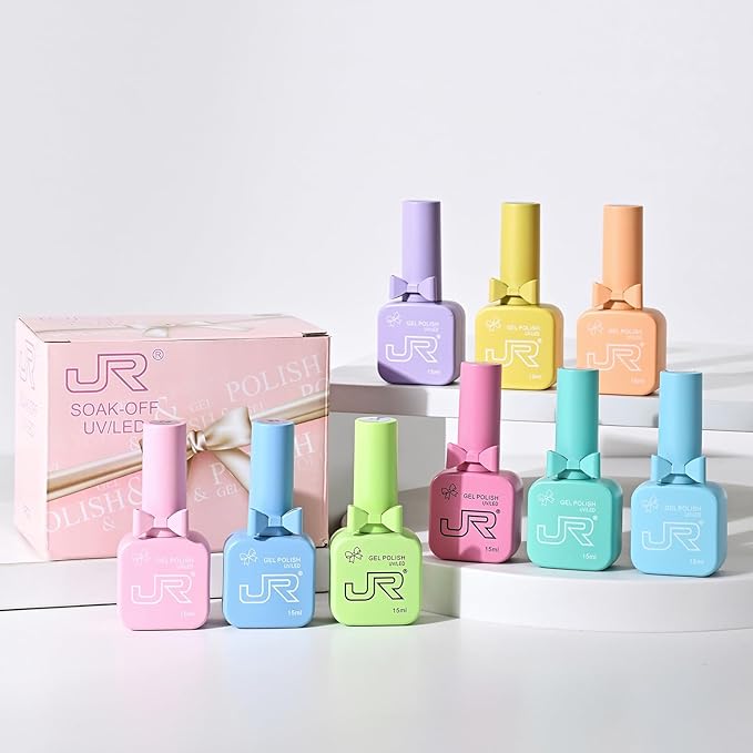 JR 9pcs 15ml gel nail polish set Including Red Pink Nude Gel Polish Kit UV LED Soak Off Polish Home DIY Gift D