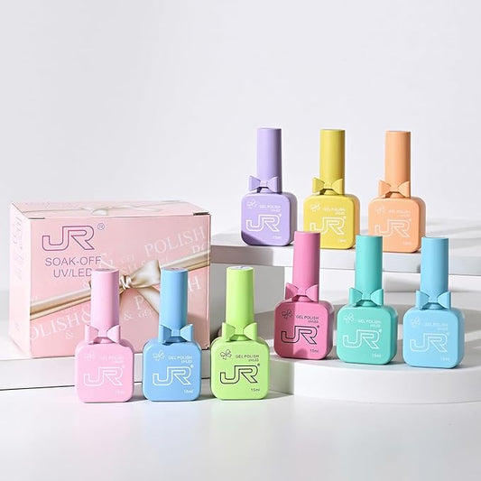 JR 9pcs 15ml gel nail polish set Including Red Pink Nude Gel Polish Kit UV LED Soak Off Polish Home DIY Gift D