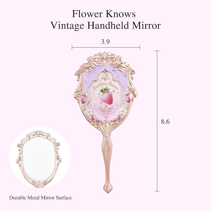 Flower Knows Strawberry Rococo Hand Mirror,Portable Vintage Handheld Mirror,Durable Metal Mirror,Cute & Aesthetic Princess Mirror,with Long Handle for Easy Holding,Gift for Girls(Wisteria Purple)
