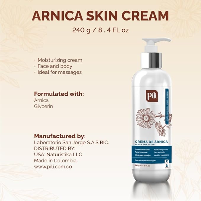 Pili Arnica Cream 8.4 oz. Deep Hydration & Soothing Relief for Dry, Rough Skin & Discoloration. Lightweight Face, Hand & Body Moisturizer – Crema de arnica, Non-Greasy & Fast Absorbing.